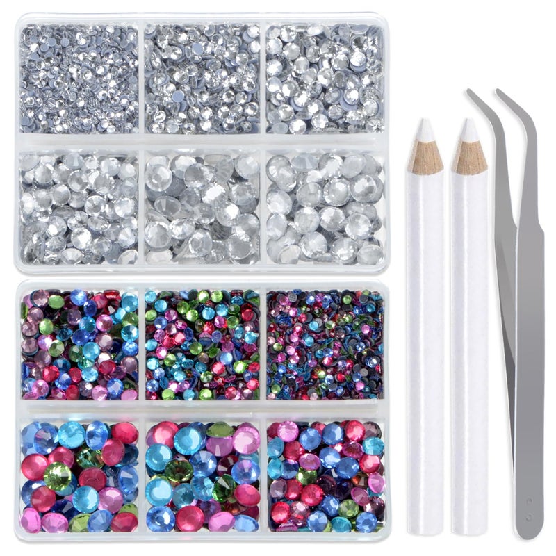 LPBeads 6400 Pieces Clear and Mix Color Hotfix Rhinestones Flat Back 5 Mixed Sizes Crystal Round Glass Gems with Tweezers and Picking Rhinestones Pen - Image 1